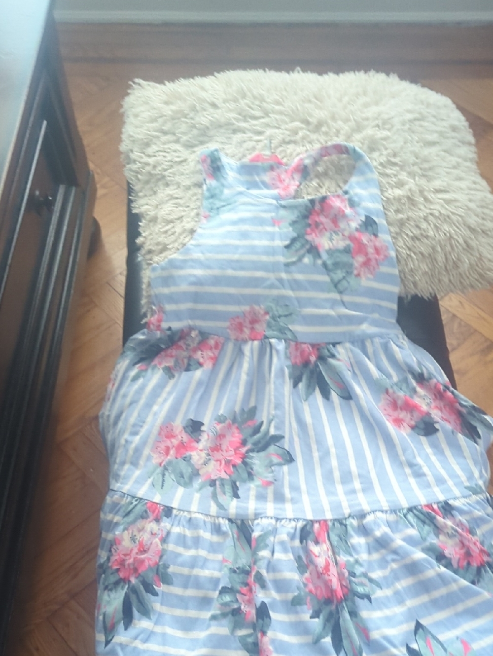 Joules Light Blue and White Striped Dress with Pink Trim